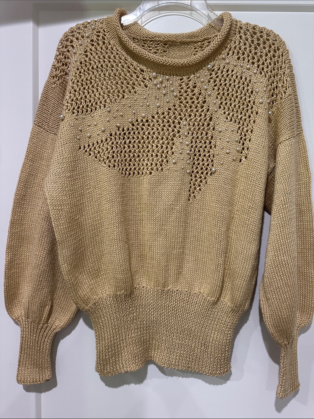 Embellished Open-Knit Crewneck Sweater - Tan
